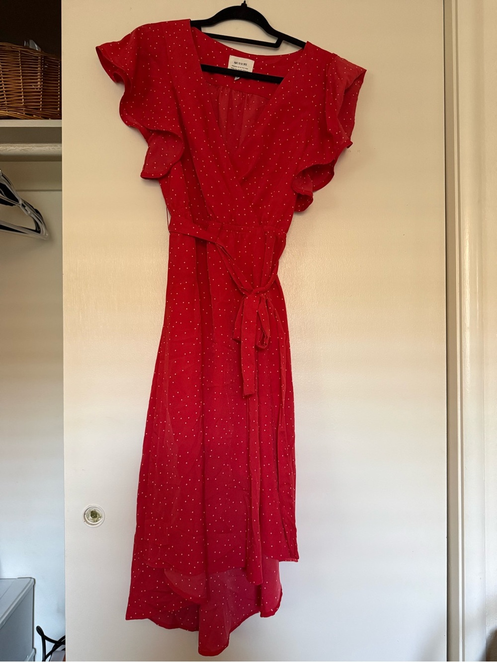 McGuire Red Polka Midi Wrap Dress with Ruffle Sleeves